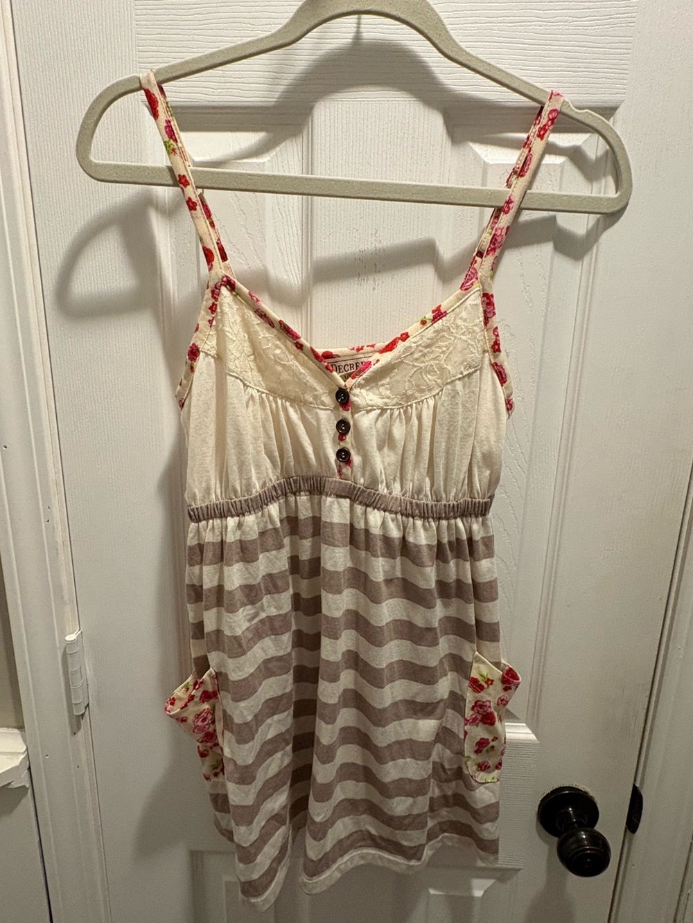Cream and Taupe Striped Floral-Trim Tank Dress Size L